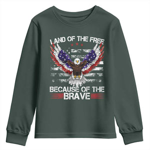 Land of the Free Because of the Brave Youth Sweatshirt American Flag Patriotic Eagle 4th of July TS10 Dark Forest Green Print Your Wear