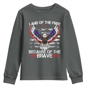 Land of the Free Because of the Brave Youth Sweatshirt American Flag Patriotic Eagle 4th of July TS10 Dark Heather Print Your Wear