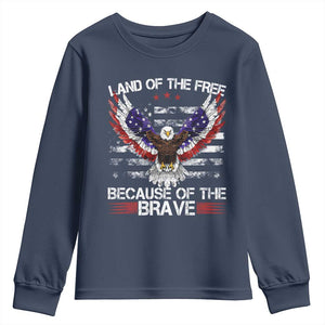 Land of the Free Because of the Brave Youth Sweatshirt American Flag Patriotic Eagle 4th of July TS10 Navy Print Your Wear