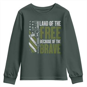 Land of the Free Because of the Brave Youth Sweatshirt Gun American Flag TS10 Dark Forest Green Print Your Wear