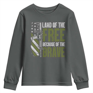 Land of the Free Because of the Brave Youth Sweatshirt Gun American Flag TS10 Dark Heather Print Your Wear