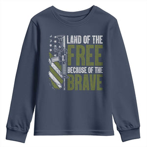 Land of the Free Because of the Brave Youth Sweatshirt Gun American Flag TS10 Navy Print Your Wear