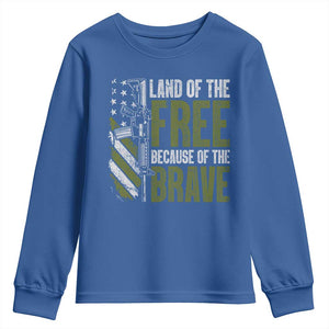Land of the Free Because of the Brave Youth Sweatshirt Gun American Flag TS10 Royal Blue Print Your Wear