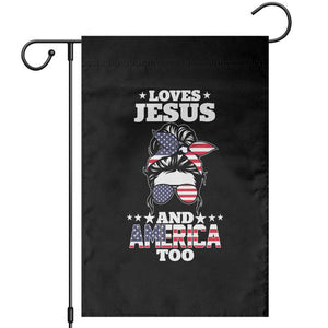 Loves Jesus and America Too Garden Flag Christian Messy Bun 4th of July TS02 Black Print Your Wear