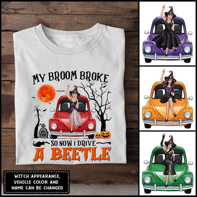 Custom Jeep Tee Shirts My Broom Broke So Now I Drive A Beetle Halloween Vibes CTM Custom - Printyourwear
