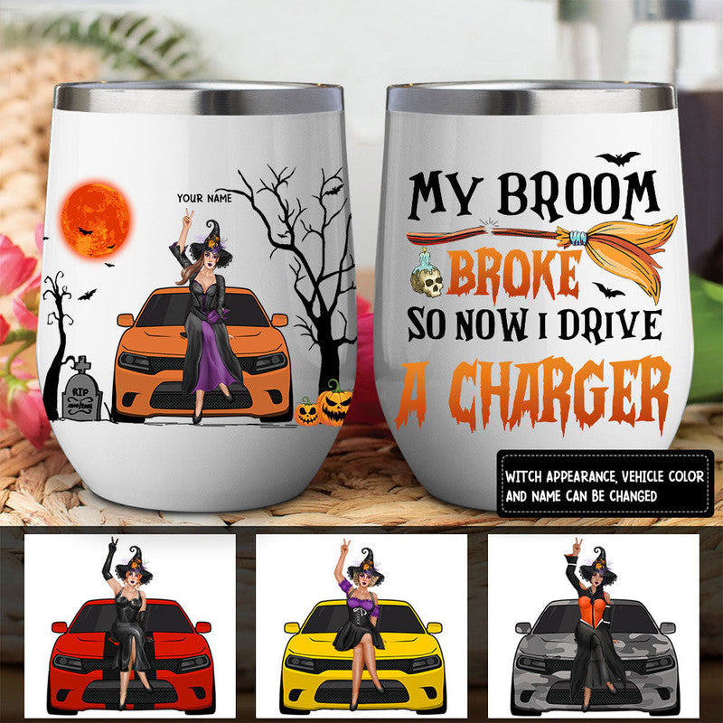 Personalized Jeep Wine Tumbler My Broom Broke So Now I Drive A Charger Halloween Vibes CTM 12 OZ Custom - Printyourwear