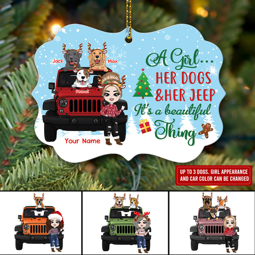 Personalized Jeep Christmas Ornaments A Girl Her Dogs and Her Jeep Its A Beautiful Thing CTM Ornament Custom - Printyourwear