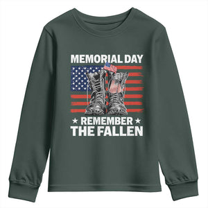 Memorial Day Remember The Fallen Youth Sweatshirt Veteran Military Vintage USA Flag TS10 Dark Forest Green Print Your Wear