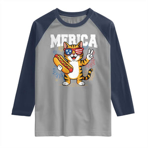 Merica Cat Raglan Shirt Funny 4th of July Hot Dog and Fireworks Patriotic USA Flag TS02 Sport Gray Navy Print Your Wear