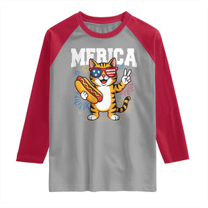 Merica Cat Raglan Shirt Funny 4th of July Hot Dog and Fireworks Patriotic USA Flag TS02 Sport Gray Red Print Your Wear