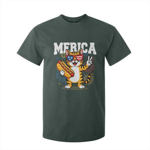Merica Cat T Shirt For Kid Funny 4th of July Hot Dog and Fireworks Patriotic USA Flag TS02 Dark Forest Green Print Your Wear