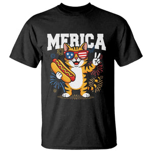 Merica Cat T Shirt Funny 4th of July Hot Dog and Fireworks Patriotic USA Flag TS02 Black Print Your Wear