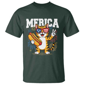 Merica Cat T Shirt Funny 4th of July Hot Dog and Fireworks Patriotic USA Flag TS02 Dark Forest Green Print Your Wear