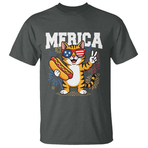 Merica Cat T Shirt Funny 4th of July Hot Dog and Fireworks Patriotic USA Flag TS02 Dark Heather Print Your Wear