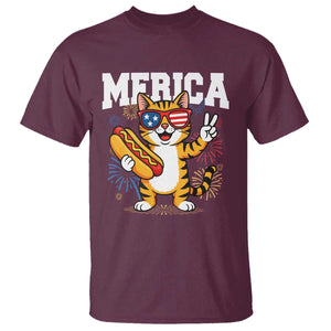 Merica Cat T Shirt Funny 4th of July Hot Dog and Fireworks Patriotic USA Flag TS02 Maroon Print Your Wear