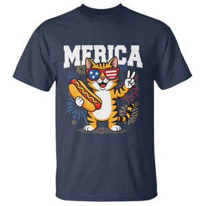 Merica Cat T Shirt Funny 4th of July Hot Dog and Fireworks Patriotic USA Flag TS02 Navy Print Your Wear