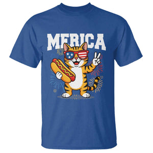 Merica Cat T Shirt Funny 4th of July Hot Dog and Fireworks Patriotic USA Flag TS02 Royal Blue Print Your Wear