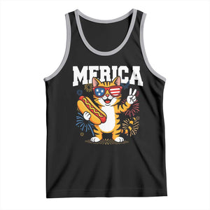 Merica Cat Tank Top Funny 4th of July Hot Dog and Fireworks Patriotic USA Flag TS02 Black Athletic Heather Print Your Wear