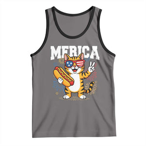 Merica Cat Tank Top Funny 4th of July Hot Dog and Fireworks Patriotic USA Flag TS02 Deep Heather Black Print Your Wear