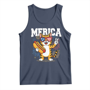 Merica Cat Tank Top Funny 4th of July Hot Dog and Fireworks Patriotic USA Flag TS02 Navy Print Your Wear