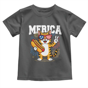 Merica Cat Toddler T Shirt Funny 4th of July Hot Dog and Fireworks Patriotic USA Flag TS02 Dark Heather Print Your Wear