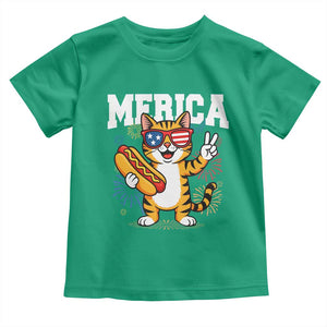 Merica Cat Toddler T Shirt Funny 4th of July Hot Dog and Fireworks Patriotic USA Flag TS02 Irish Green Print Your Wear