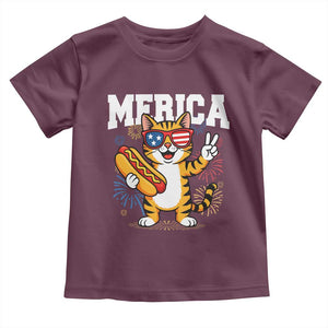 Merica Cat Toddler T Shirt Funny 4th of July Hot Dog and Fireworks Patriotic USA Flag TS02 Maroon Print Your Wear