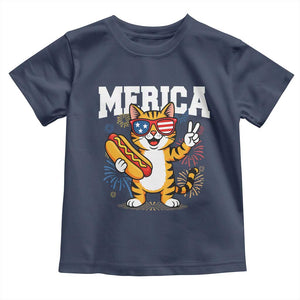 Merica Cat Toddler T Shirt Funny 4th of July Hot Dog and Fireworks Patriotic USA Flag TS02 Navy Print Your Wear