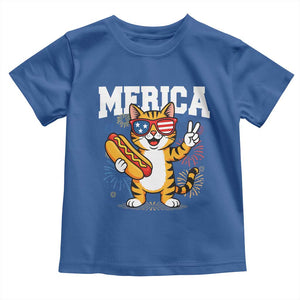 Merica Cat Toddler T Shirt Funny 4th of July Hot Dog and Fireworks Patriotic USA Flag TS02 Royal Blue Print Your Wear