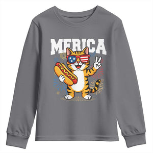 Merica Cat Youth Sweatshirt Funny 4th of July Hot Dog and Fireworks Patriotic USA Flag TS02 Charcoal Print Your Wear