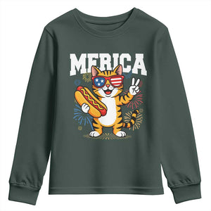 Merica Cat Youth Sweatshirt Funny 4th of July Hot Dog and Fireworks Patriotic USA Flag TS02 Dark Forest Green Print Your Wear