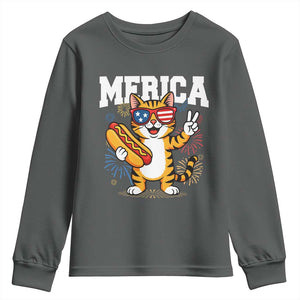 Merica Cat Youth Sweatshirt Funny 4th of July Hot Dog and Fireworks Patriotic USA Flag TS02 Dark Heather Print Your Wear