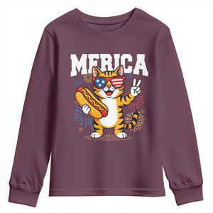 Merica Cat Youth Sweatshirt Funny 4th of July Hot Dog and Fireworks Patriotic USA Flag TS02 Maroon Print Your Wear