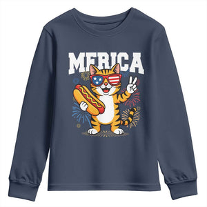 Merica Cat Youth Sweatshirt Funny 4th of July Hot Dog and Fireworks Patriotic USA Flag TS02 Navy Print Your Wear