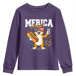 Merica Cat Youth Sweatshirt Funny 4th of July Hot Dog and Fireworks Patriotic USA Flag TS02 Purple Print Your Wear