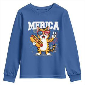 Merica Cat Youth Sweatshirt Funny 4th of July Hot Dog and Fireworks Patriotic USA Flag TS02 Royal Blue Print Your Wear