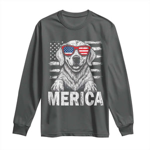 Merica Golden Retriever Long Sleeve Shirt Patriotic Dog US Flag 4th Of July TS02 Dark Heather Print Your Wear