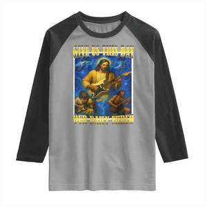 Music Give Us This Day Our Daily Shred Raglan Shirt Funny Jesus Rock Guitar Meme TS02 Sport Gray Black Print Your Wear