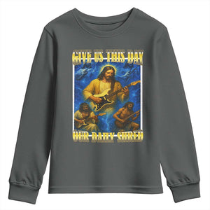 Music Give Us This Day Our Daily Shred Youth Sweatshirt Funny Jesus Rock Guitar Meme TS02 Dark Heather Print Your Wear