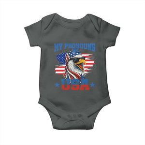My Pronouns Are USA Baby Onesie Bold Patriotic Eagle with American Flag Bandana Mullet TS02 Dark Heather Print Your Wear