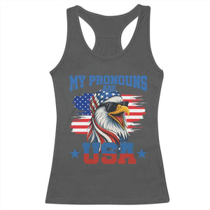 My Pronouns Are USA Racerback Tank Top Bold Patriotic Eagle with American Flag Bandana Mullet TS02 Dark Heather Print Your Wear