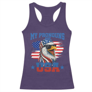My Pronouns Are USA Racerback Tank Top Bold Patriotic Eagle with American Flag Bandana Mullet TS02 Purple Print Your Wear