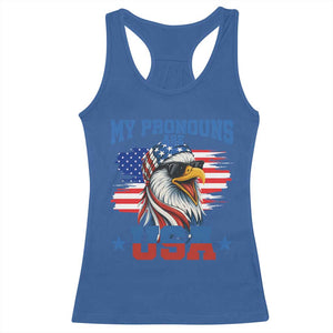 My Pronouns Are USA Racerback Tank Top Bold Patriotic Eagle with American Flag Bandana Mullet TS02 Royal Blue Print Your Wear