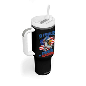 My Pronouns Are USA Tumbler With Handle Bold Patriotic Eagle with American Flag Bandana Mullet TS02 Print Your Wear