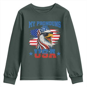 My Pronouns Are USA Youth Sweatshirt Bold Patriotic Eagle with American Flag Bandana Mullet TS02 Dark Forest Green Print Your Wear