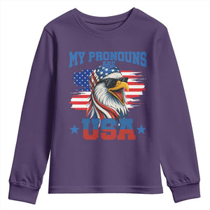 My Pronouns Are USA Youth Sweatshirt Bold Patriotic Eagle with American Flag Bandana Mullet TS02 Purple Print Your Wear