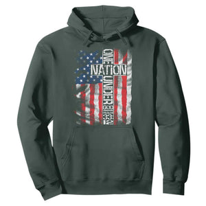 One Nation Under God Hoodie 4th Of July Patriotic Christian Vintage Cross American Flag TS11 Dark Forest Green Print Your Wear