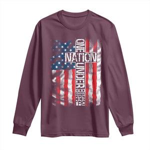 One Nation Under God Long Sleeve Shirt 4th Of July Patriotic Christian Vintage Cross American Flag TS11 Maroon Print Your Wear