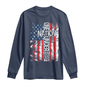 One Nation Under God Long Sleeve Shirt 4th Of July Patriotic Christian Vintage Cross American Flag TS11 Navy Print Your Wear