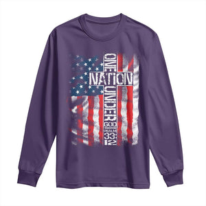 One Nation Under God Long Sleeve Shirt 4th Of July Patriotic Christian Vintage Cross American Flag TS11 Purple Print Your Wear